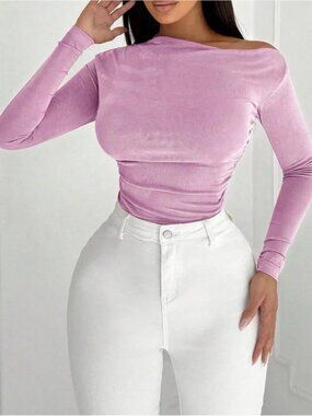 Pink Off Shoulder Ruched Top | Soft Glam Long Sleeve Blouse
